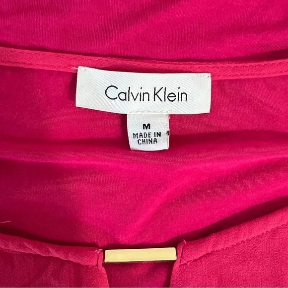 Calvin Klein Blouse Medium Hot Pink Tiered Ruffle Keyhole Neck Preppy 3/4 Sleeve - Picture 8 of 8
